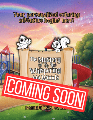 Coming Soon - Mystery of the Whispering Woods personalized coloring story book cover.