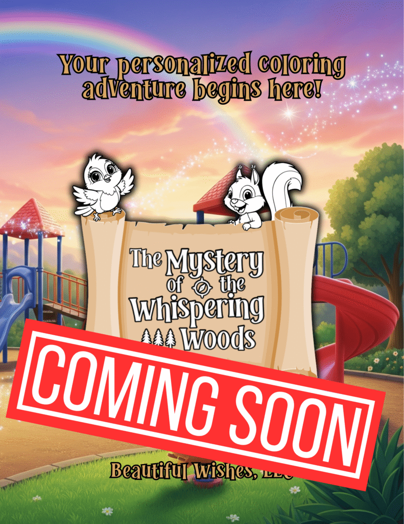Coming Soon - Mystery of the Whispering Woods personalized coloring story book cover.